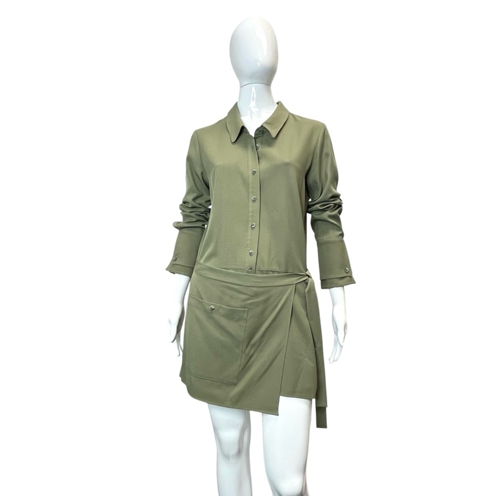 Halston Heritage Faux Wrap Long Sleeve Twill Romper Moss Green Size 4